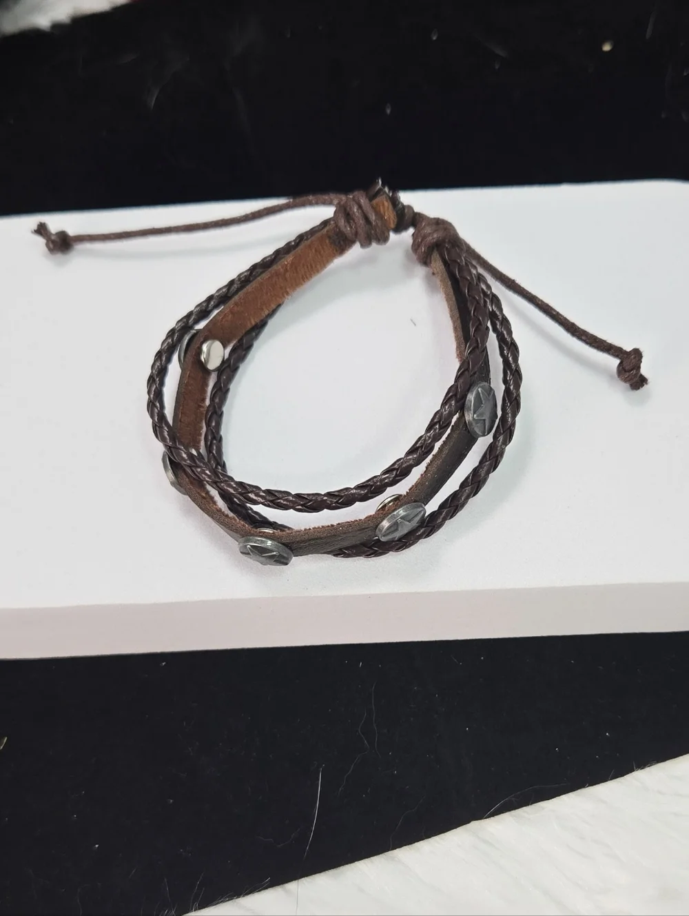 Men’s Leather Wrap Bracelet Brown Braided Multi Strand Star Stud Adjustable